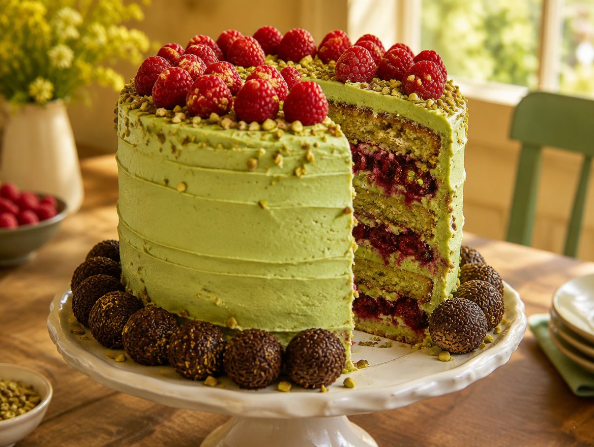 Torta de pistacho, frambuesa y brigadeiro de Dulce Marina
