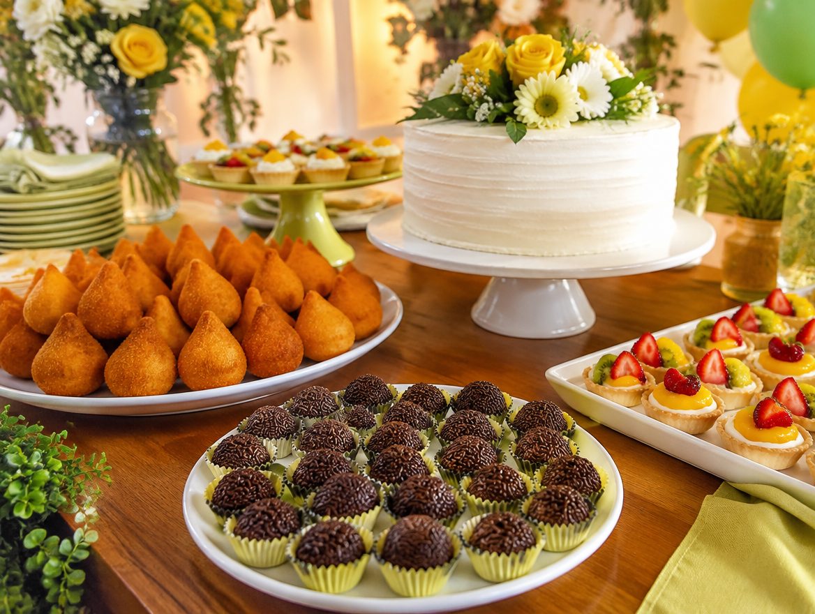 Mesa dulce con brigadeiros, coxinhas y torta